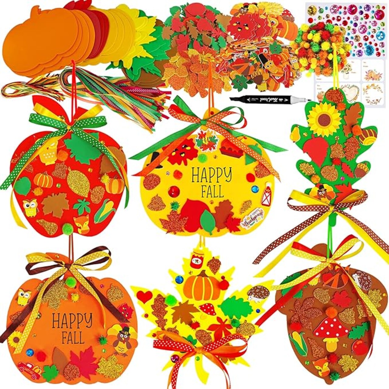 24 sets of fall pumpkin ornaments and DIY fall craft kits Foam Pumpkin Apple Acorn. Autumn Leaf Stickers for Kids Party Favors. Thanksgiving Halloween Classroom Home Activity Tree Door Decoration